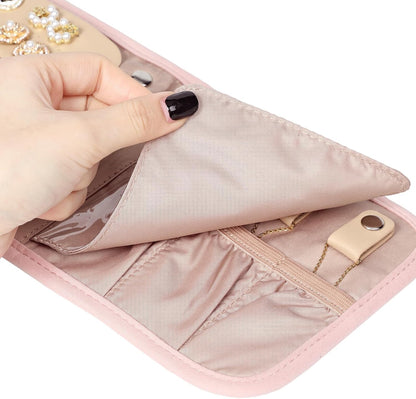 Travel Jewelry Case Organizer, Medium Foldable Storage Roll for Earrings, Necklaces, Rings, Bracelets, Brooches, Pink