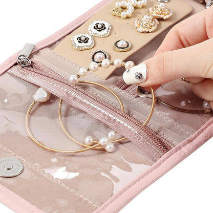 Travel Jewelry Case Organizer, Medium Foldable Storage Roll for Earrings, Necklaces, Rings, Bracelets, Brooches, Pink