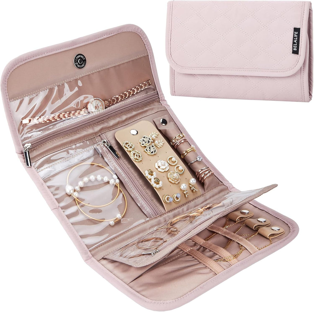 Travel Jewelry Case Organizer, Medium Foldable Storage Roll for Earrings, Necklaces, Rings, Bracelets, Brooches, Pink