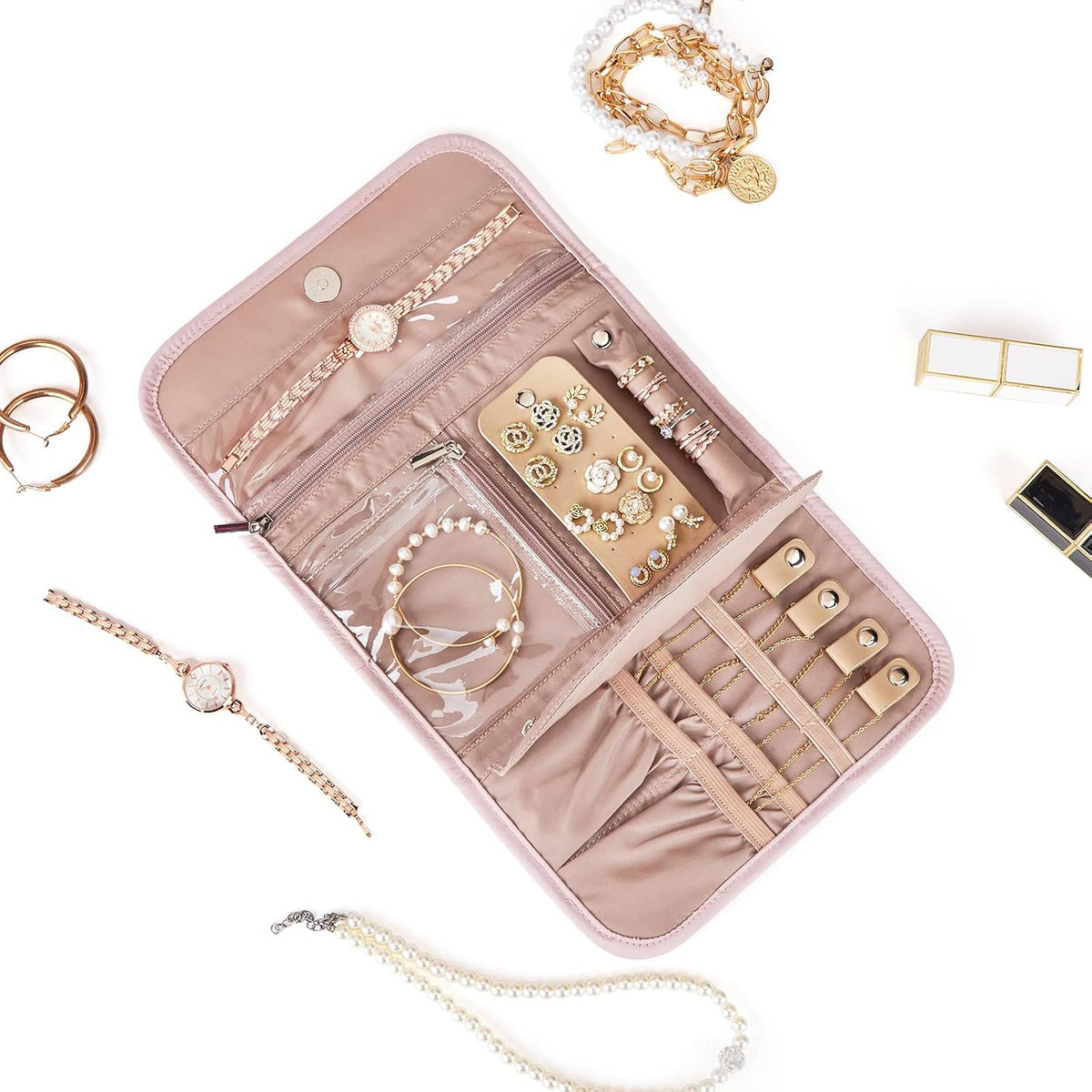 Travel Jewelry Case Organizer, Medium Foldable Storage Roll for Earrings, Necklaces, Rings, Bracelets, Brooches, Pink