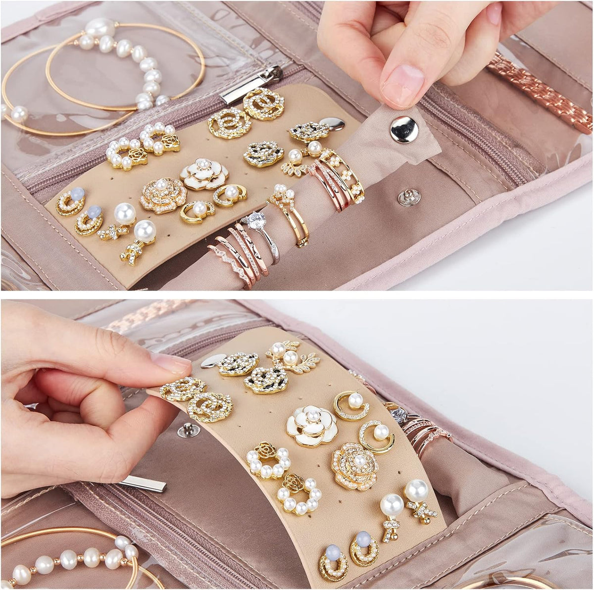 Travel Jewelry Case Organizer, Medium Foldable Storage Roll for Earrings, Necklaces, Rings, Bracelets, Brooches, Pink