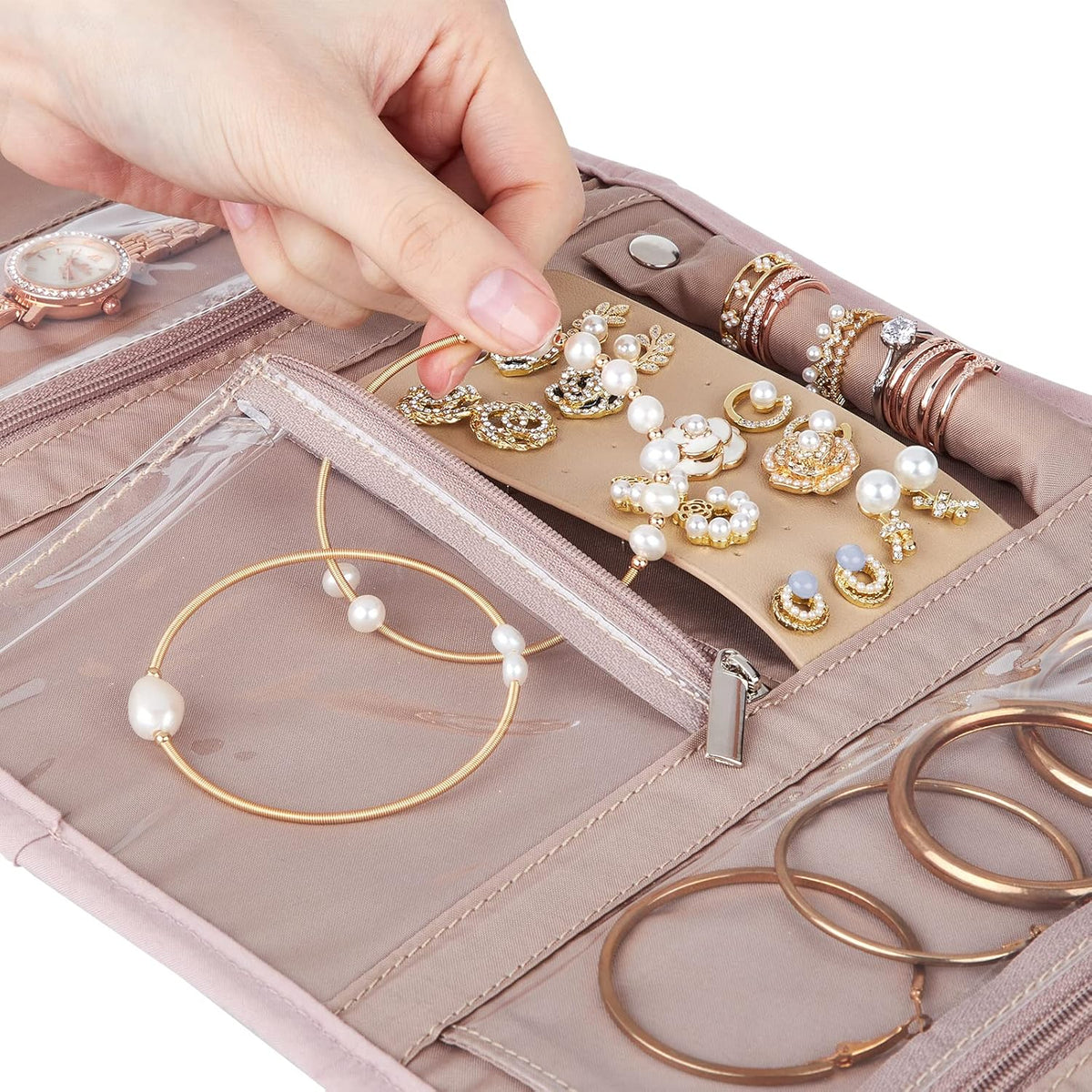 Travel Jewelry Case Organizer, Medium Foldable Storage Roll for Earrings, Necklaces, Rings, Bracelets, Brooches, Pink