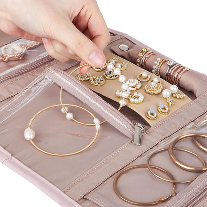 Travel Jewelry Case Organizer, Medium Foldable Storage Roll for Earrings, Necklaces, Rings, Bracelets, Brooches, Pink
