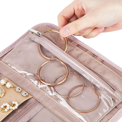 Travel Jewelry Case Organizer, Medium Foldable Storage Roll for Earrings, Necklaces, Rings, Bracelets, Brooches, Pink