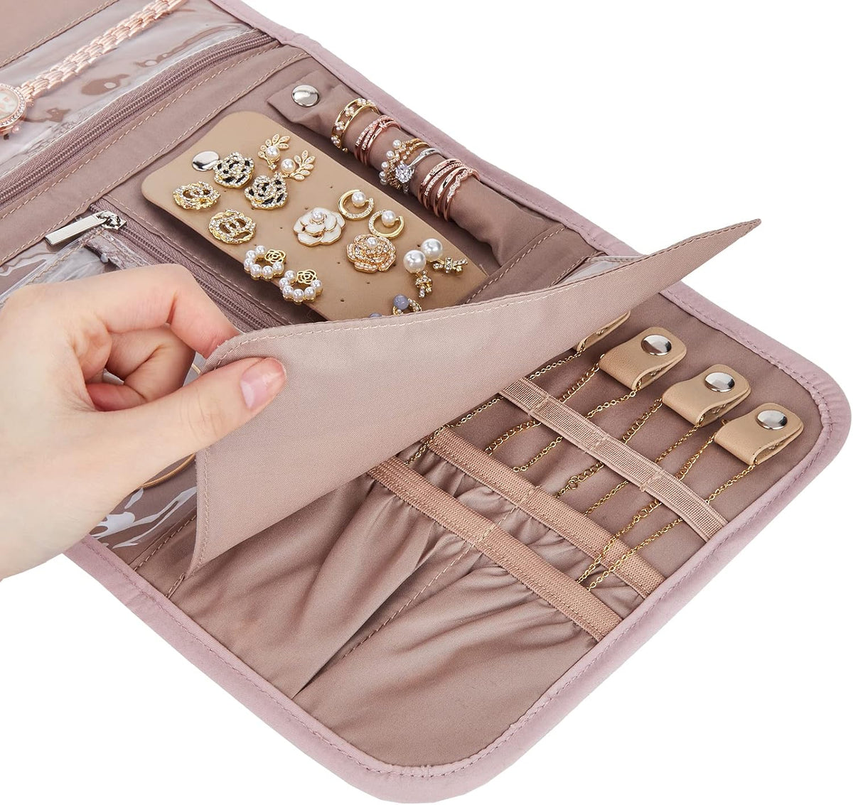 Travel Jewelry Case Organizer, Medium Foldable Storage Roll for Earrings, Necklaces, Rings, Bracelets, Brooches, Pink