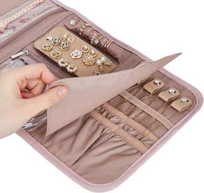 Travel Jewelry Case Organizer, Medium Foldable Storage Roll for Earrings, Necklaces, Rings, Bracelets, Brooches, Pink