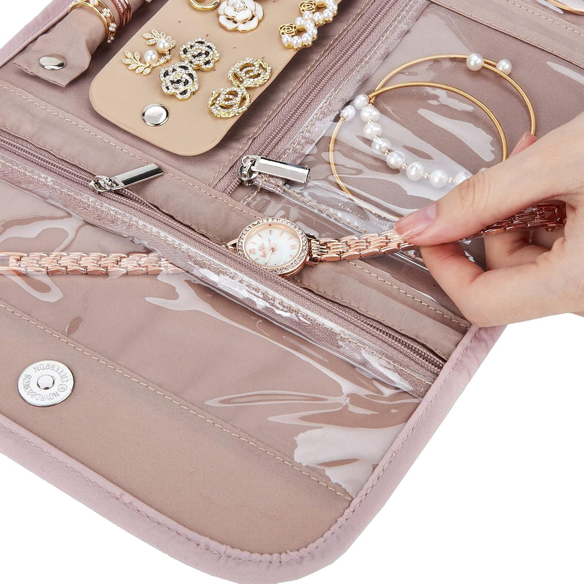 Travel Jewelry Case Organizer, Medium Foldable Storage Roll for Earrings, Necklaces, Rings, Bracelets, Brooches, Pink