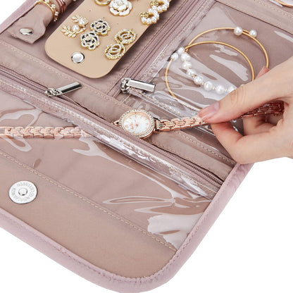 Travel Jewelry Case Organizer, Medium Foldable Storage Roll for Earrings, Necklaces, Rings, Bracelets, Brooches, Pink