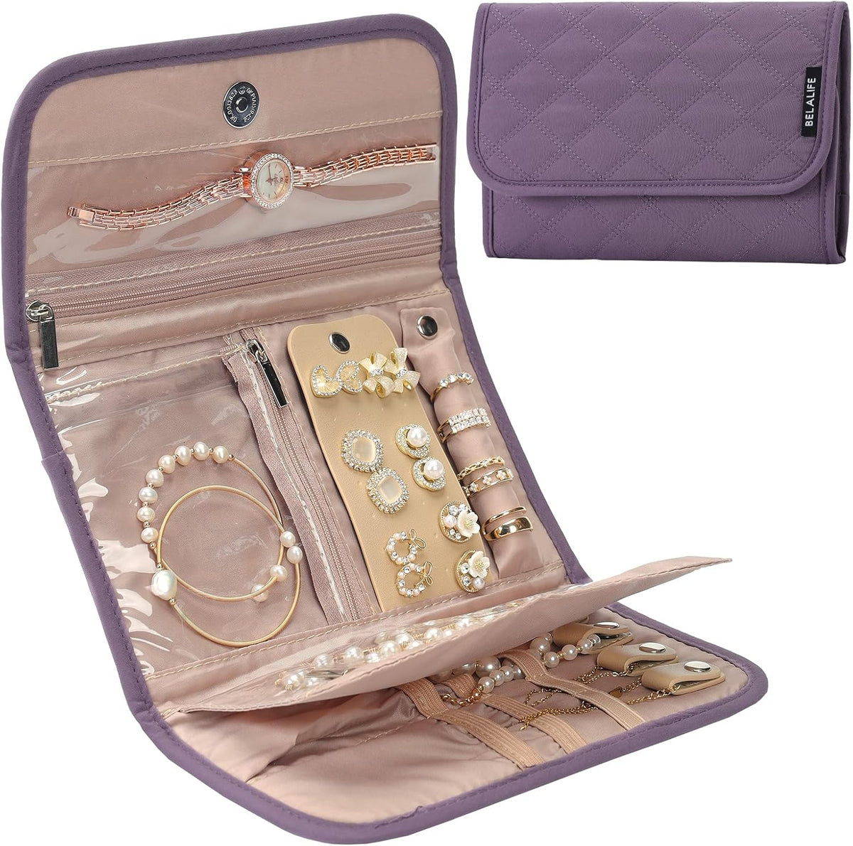 Travel Jewelry Case Organizer, Medium Foldable Storage Roll for Earrings, Necklaces, Rings, Bracelets, Brooches, Pink