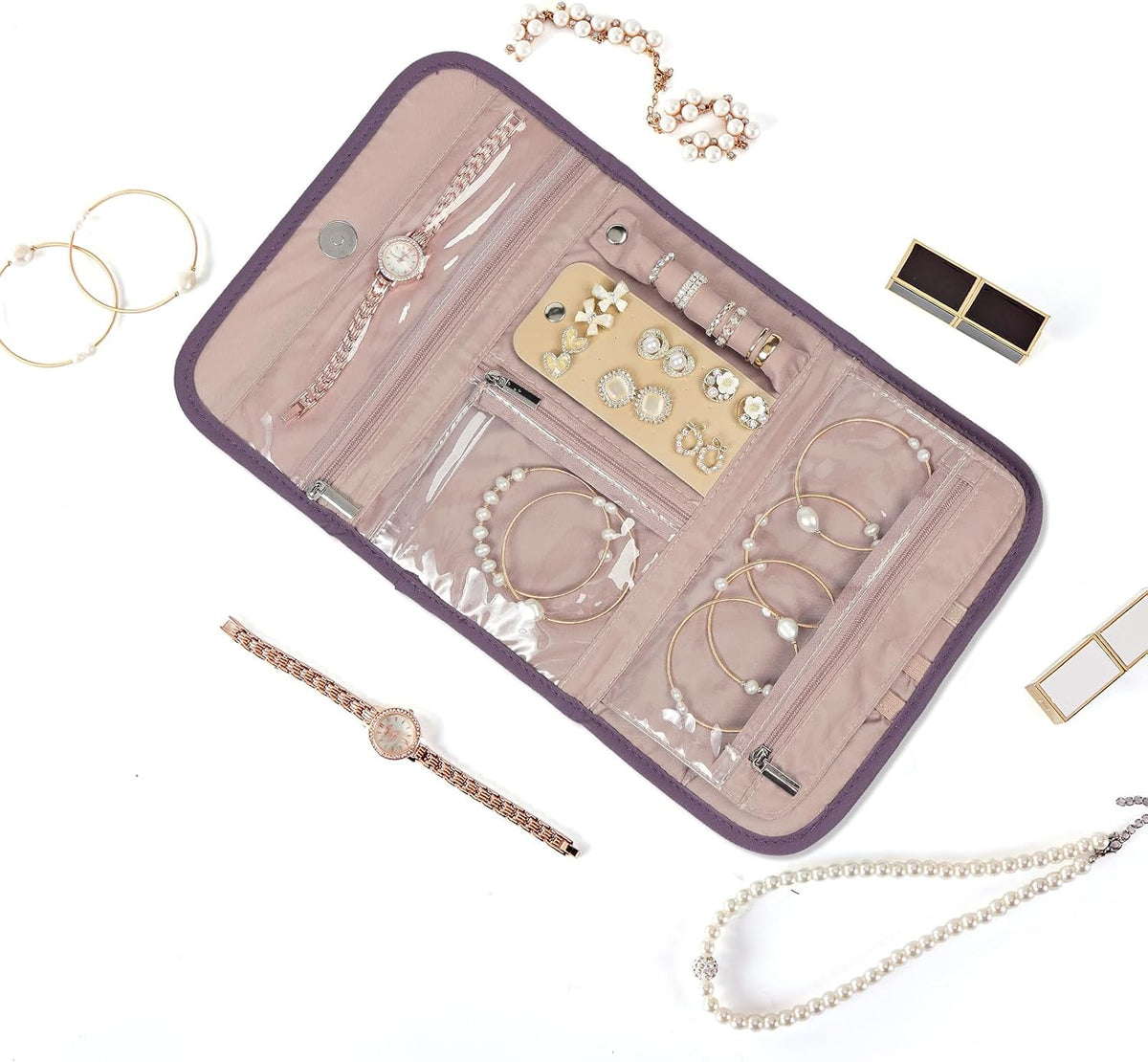 Travel Jewelry Case Organizer, Medium Foldable Storage Roll for Earrings, Necklaces, Rings, Bracelets, Brooches, Pink