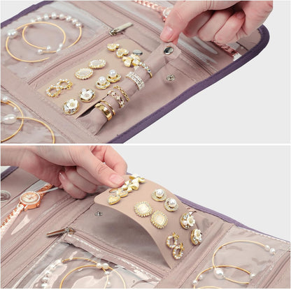 Travel Jewelry Case Organizer, Medium Foldable Storage Roll for Earrings, Necklaces, Rings, Bracelets, Brooches, Pink