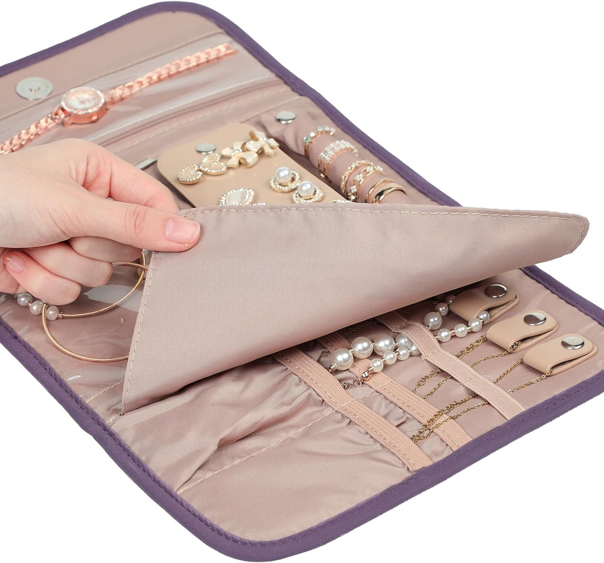 Travel Jewelry Case Organizer, Medium Foldable Storage Roll for Earrings, Necklaces, Rings, Bracelets, Brooches, Pink