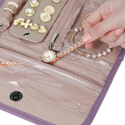 Travel Jewelry Case Organizer, Medium Foldable Storage Roll for Earrings, Necklaces, Rings, Bracelets, Brooches, Pink