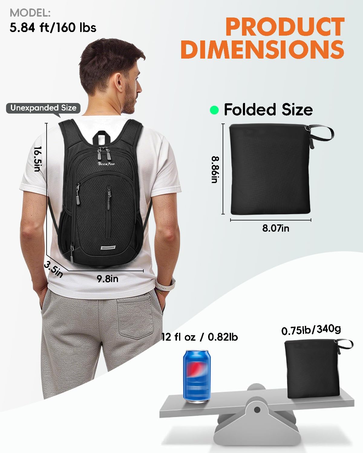 Seektop Small Hiking Backpack Expandable 12L-16L, Lightweight Packable Waterproof Daypack with Phone Pocket for Women Men