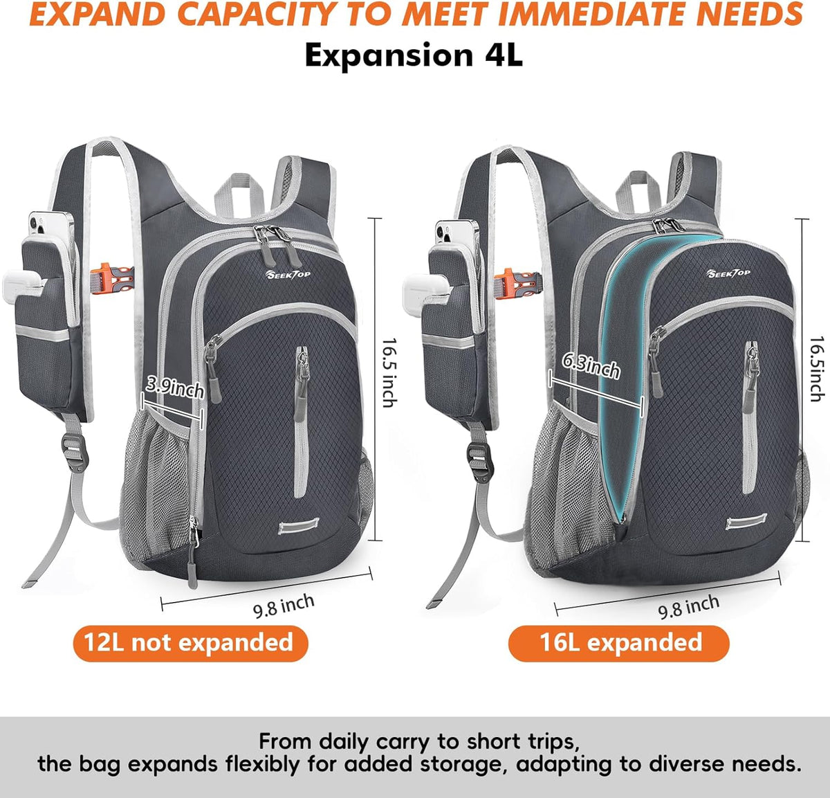 Seektop Small Hiking Backpack Expandable 12L-16L, Lightweight Packable Waterproof Daypack with Phone Pocket for Women Men