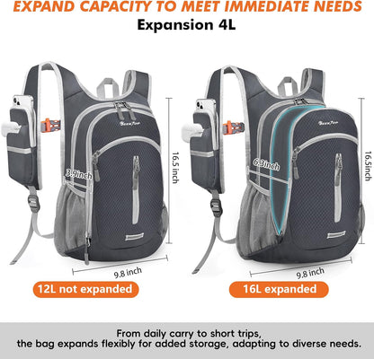 Seektop Small Hiking Backpack Expandable 12L-16L, Lightweight Packable Waterproof Daypack with Phone Pocket for Women Men