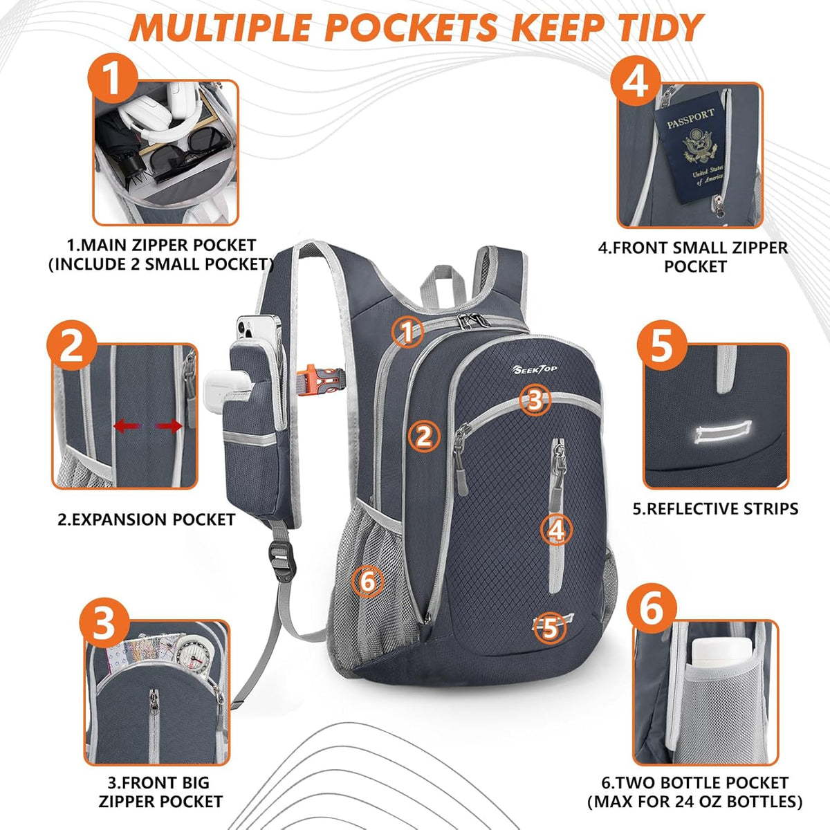 Seektop Small Hiking Backpack Expandable 12L-16L, Lightweight Packable Waterproof Daypack with Phone Pocket for Women Men