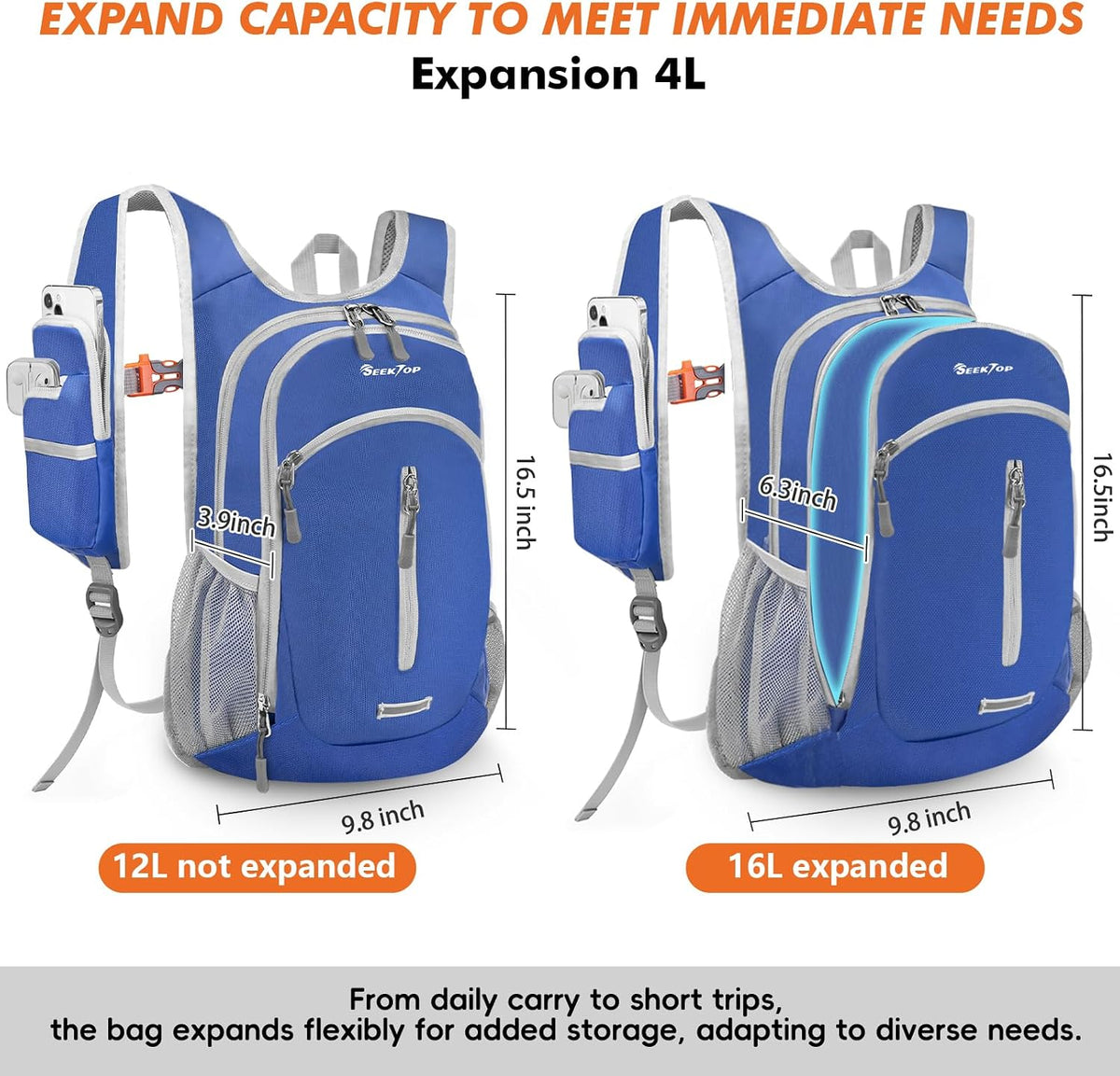 Seektop Small Hiking Backpack Expandable 12L-16L, Lightweight Packable Waterproof Daypack with Phone Pocket for Women Men