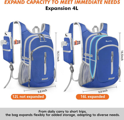 Seektop Small Hiking Backpack Expandable 12L-16L, Lightweight Packable Waterproof Daypack with Phone Pocket for Women Men