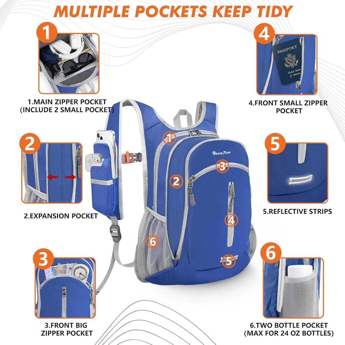 Seektop Small Hiking Backpack Expandable 12L-16L, Lightweight Packable Waterproof Daypack with Phone Pocket for Women Men