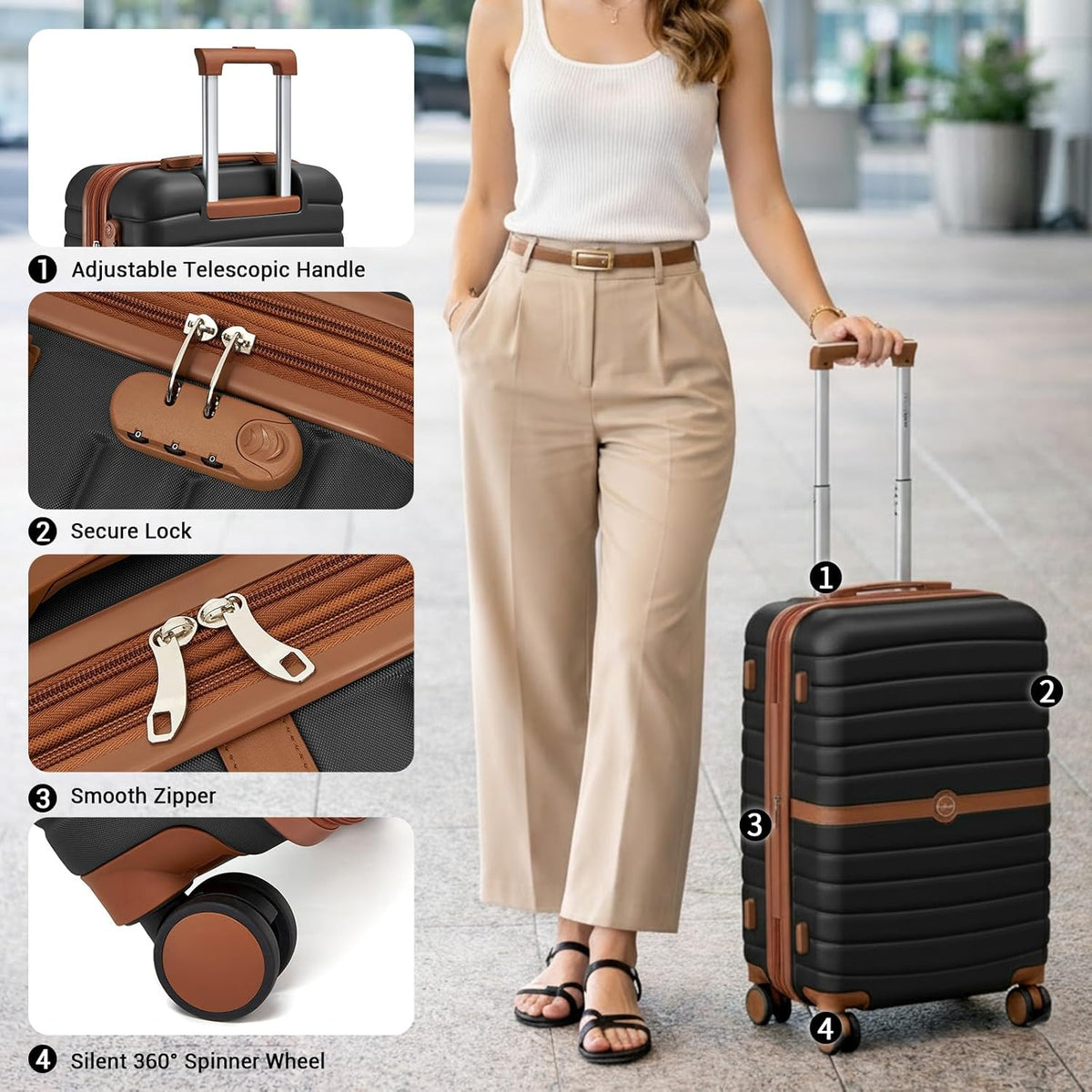 Expandable Carry On Luggage 22x14x9 Airline Approved with Spinner Wheels, 20 Inch Impact-Resistant PC+ABS Hardshell Rolling Suitcase Travel Luggage with Lock, White/Brown