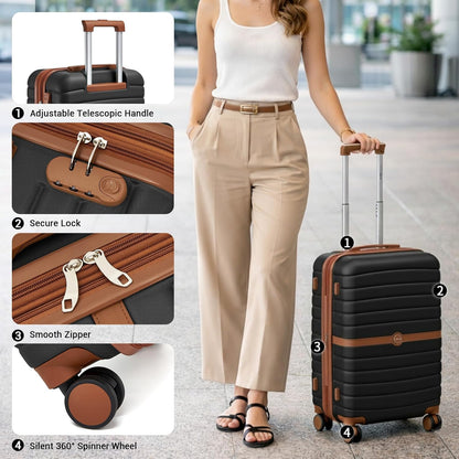 Expandable Carry On Luggage 22x14x9 Airline Approved with Spinner Wheels, 20 Inch Impact-Resistant PC+ABS Hardshell Rolling Suitcase Travel Luggage with Lock, White/Brown