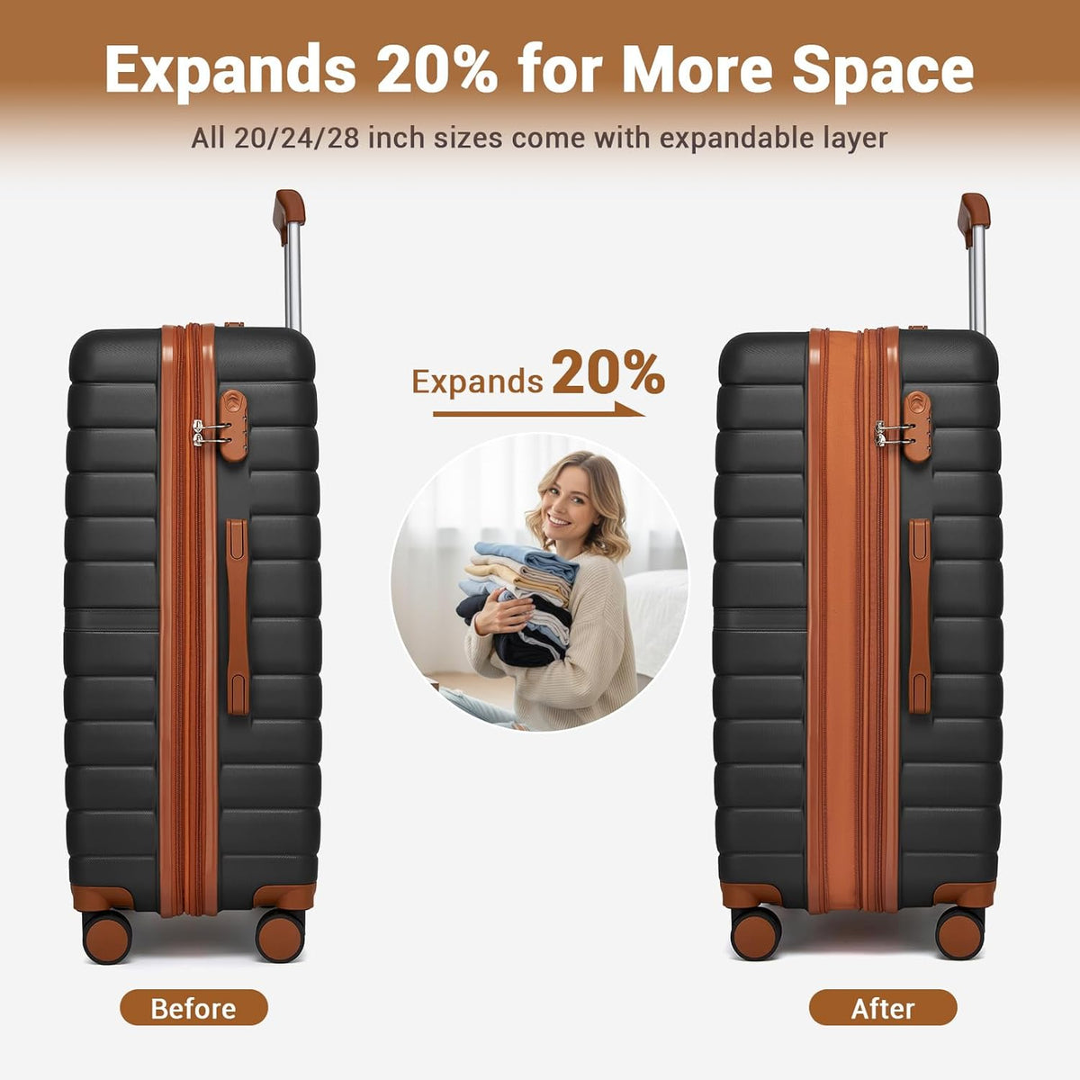 Expandable Carry On Luggage 22x14x9 Airline Approved with Spinner Wheels, 20 Inch Impact-Resistant PC+ABS Hardshell Rolling Suitcase Travel Luggage with Lock, White/Brown