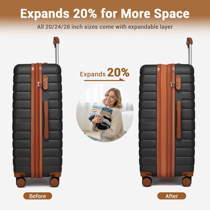 Expandable Carry On Luggage 22x14x9 Airline Approved with Spinner Wheels, 20 Inch Impact-Resistant PC+ABS Hardshell Rolling Suitcase Travel Luggage with Lock, White/Brown