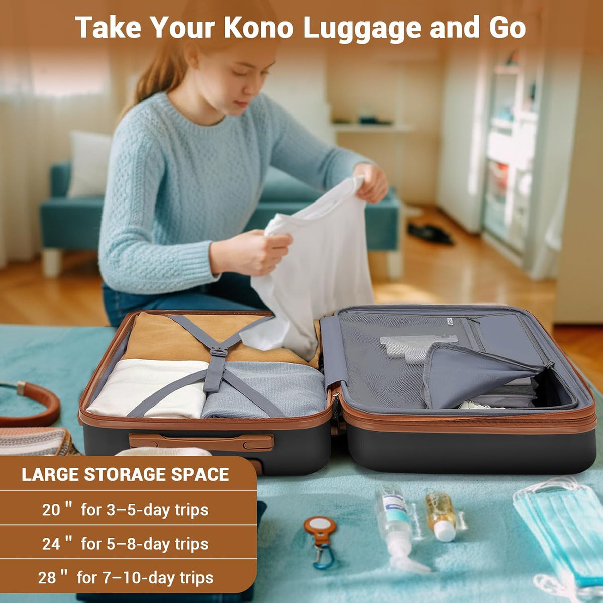Expandable Carry On Luggage 22x14x9 Airline Approved with Spinner Wheels, 20 Inch Impact-Resistant PC+ABS Hardshell Rolling Suitcase Travel Luggage with Lock, White/Brown