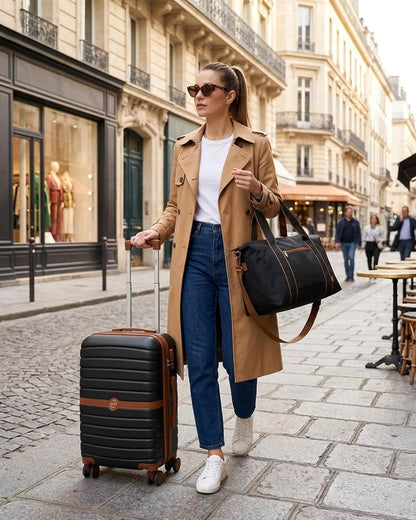 Expandable Carry On Luggage 22x14x9 Airline Approved with Spinner Wheels, 20 Inch Impact-Resistant PC+ABS Hardshell Rolling Suitcase Travel Luggage with Lock, White/Brown