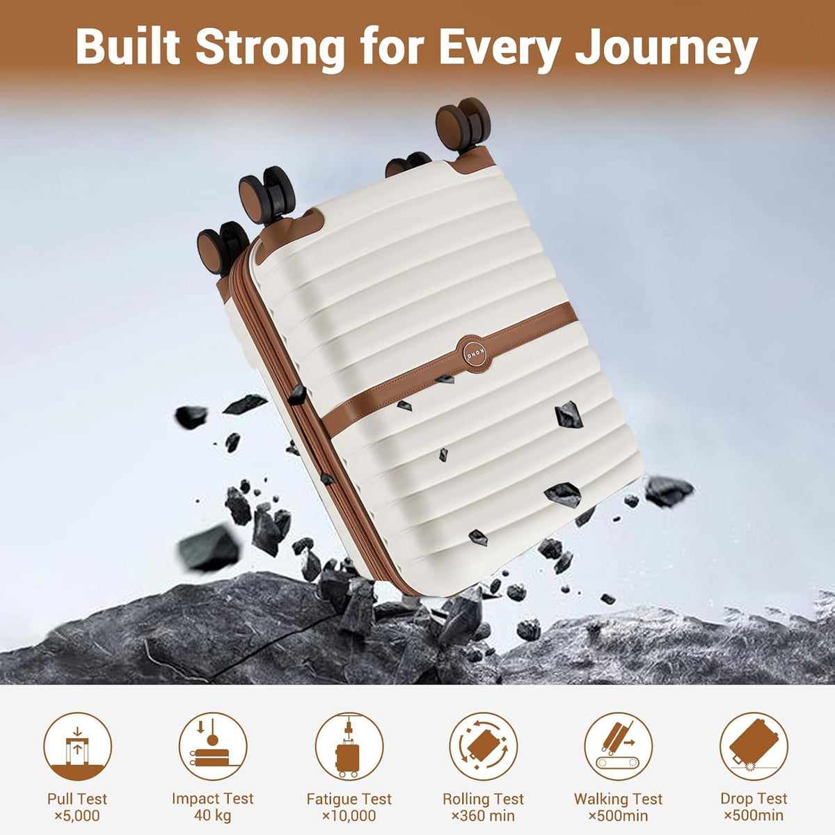 Expandable Carry On Luggage 22x14x9 Airline Approved with Spinner Wheels, 20 Inch Impact-Resistant PC+ABS Hardshell Rolling Suitcase Travel Luggage with Lock, White/Brown