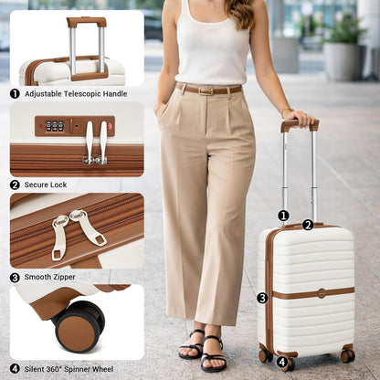 Expandable Carry On Luggage 22x14x9 Airline Approved with Spinner Wheels, 20 Inch Impact-Resistant PC+ABS Hardshell Rolling Suitcase Travel Luggage with Lock, White/Brown