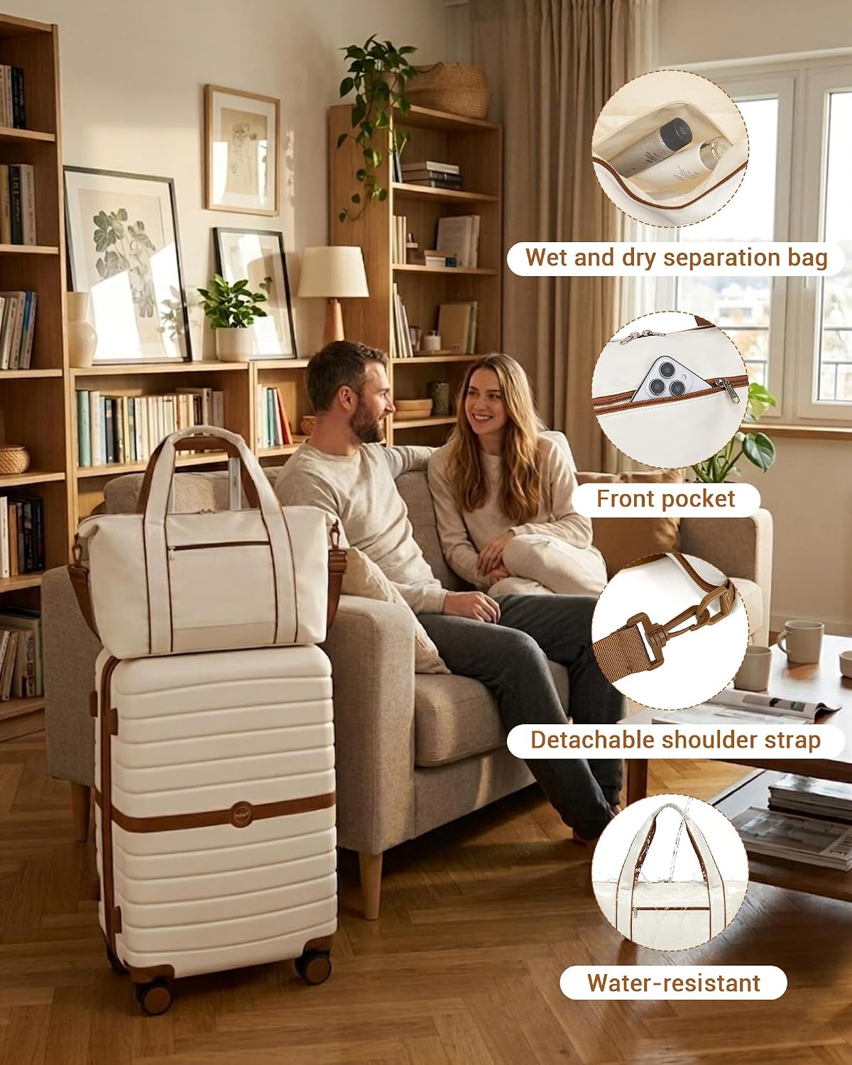 Expandable Carry On Luggage 22x14x9 Airline Approved with Spinner Wheels, 20 Inch Impact-Resistant PC+ABS Hardshell Rolling Suitcase Travel Luggage with Lock, White/Brown