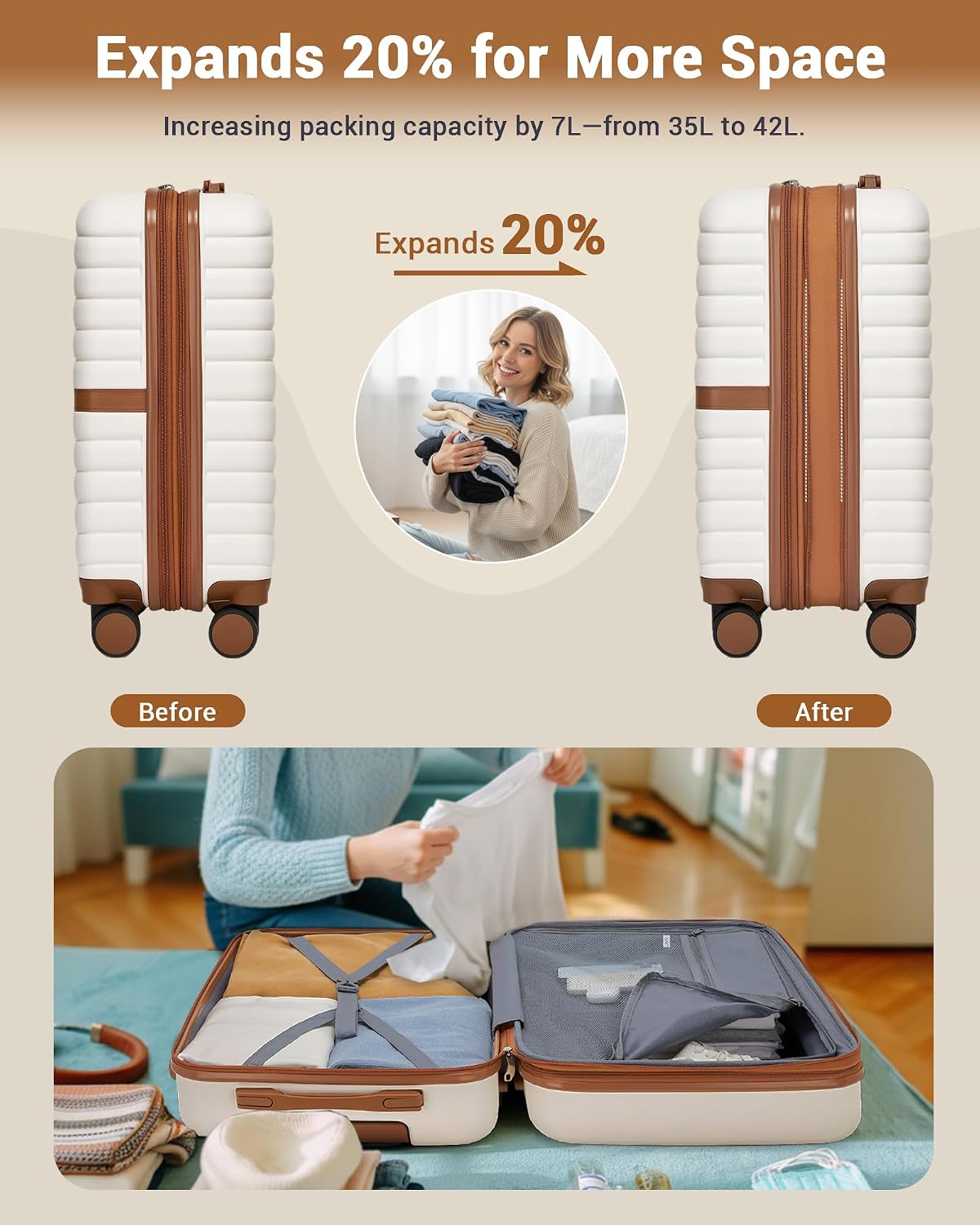 Expandable Carry On Luggage 22x14x9 Airline Approved with Spinner Wheels, 20 Inch Impact-Resistant PC+ABS Hardshell Rolling Suitcase Travel Luggage with Lock, White/Brown