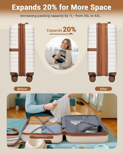Expandable Carry On Luggage 22x14x9 Airline Approved with Spinner Wheels, 20 Inch Impact-Resistant PC+ABS Hardshell Rolling Suitcase Travel Luggage with Lock, White/Brown