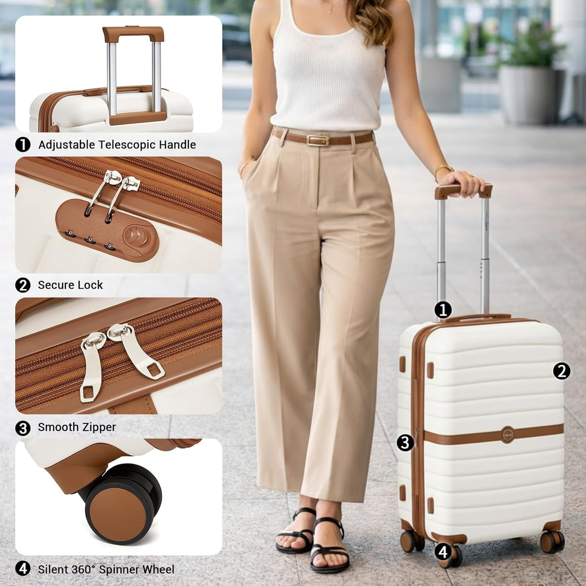 Expandable Carry On Luggage 22x14x9 Airline Approved with Spinner Wheels, 20 Inch Impact-Resistant PC+ABS Hardshell Rolling Suitcase Travel Luggage with Lock, White/Brown