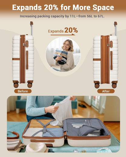 Expandable Carry On Luggage 22x14x9 Airline Approved with Spinner Wheels, 20 Inch Impact-Resistant PC+ABS Hardshell Rolling Suitcase Travel Luggage with Lock, White/Brown
