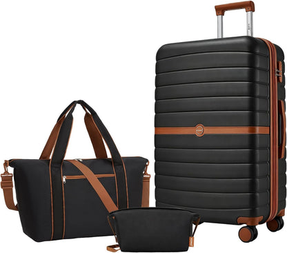 Expandable Carry On Luggage 22x14x9 Airline Approved with Spinner Wheels, 20 Inch Impact-Resistant PC+ABS Hardshell Rolling Suitcase Travel Luggage with Lock, White/Brown