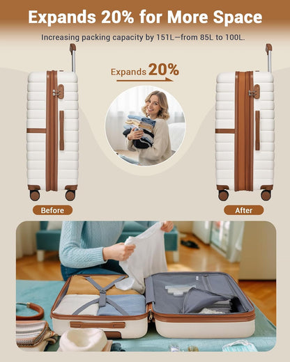 Expandable Carry On Luggage 22x14x9 Airline Approved with Spinner Wheels, 20 Inch Impact-Resistant PC+ABS Hardshell Rolling Suitcase Travel Luggage with Lock, White/Brown