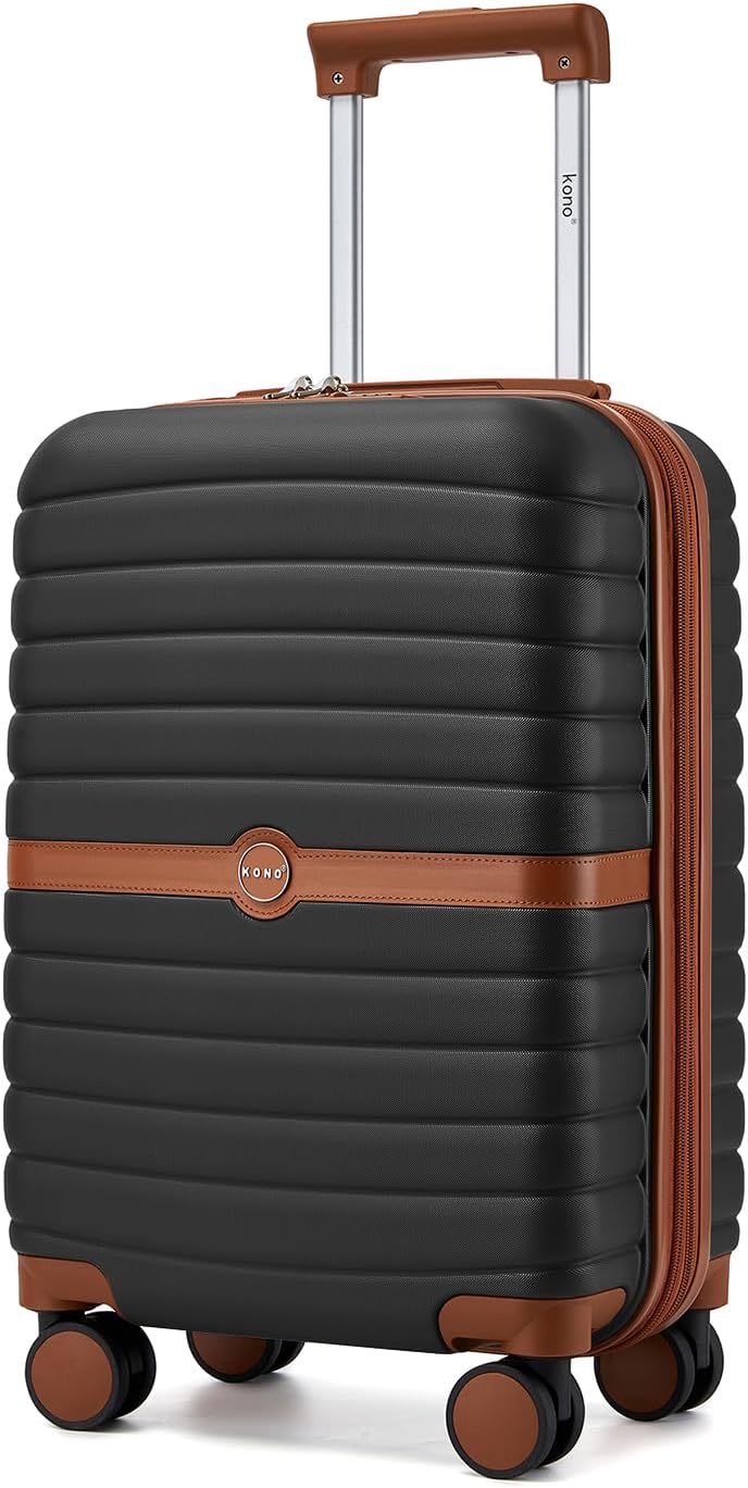 Expandable Carry On Luggage 22x14x9 Airline Approved with Spinner Wheels, 20 Inch Impact-Resistant PC+ABS Hardshell Rolling Suitcase Travel Luggage with Lock, White/Brown