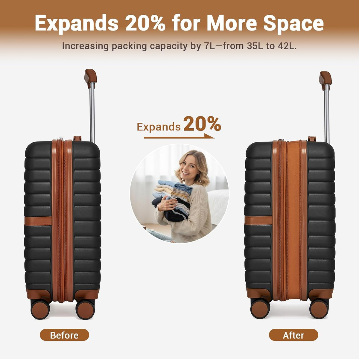 Expandable Carry On Luggage 22x14x9 Airline Approved with Spinner Wheels, 20 Inch Impact-Resistant PC+ABS Hardshell Rolling Suitcase Travel Luggage with Lock, White/Brown
