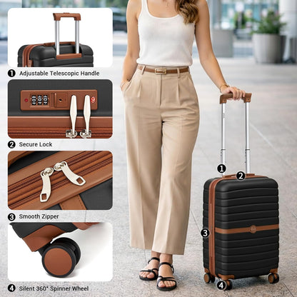 Expandable Carry On Luggage 22x14x9 Airline Approved with Spinner Wheels, 20 Inch Impact-Resistant PC+ABS Hardshell Rolling Suitcase Travel Luggage with Lock, White/Brown