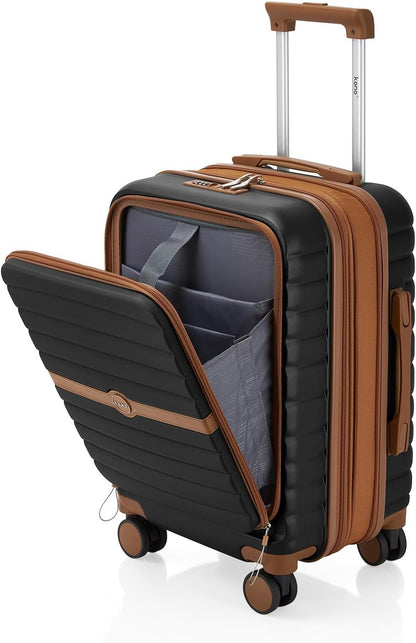 Expandable Carry On Luggage 22x14x9 Airline Approved with Spinner Wheels, 20 Inch Impact-Resistant PC+ABS Hardshell Rolling Suitcase Travel Luggage with Lock, White/Brown