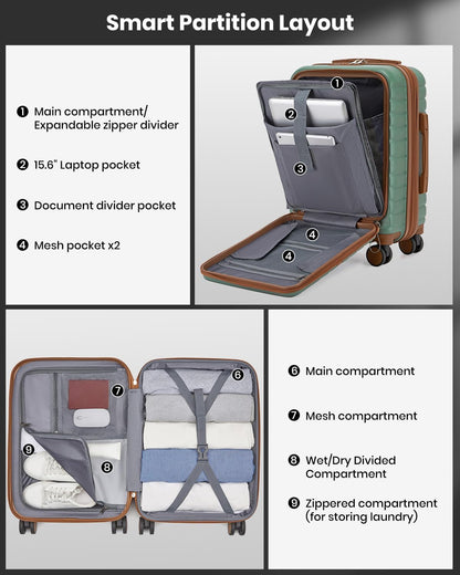 Expandable Carry On Luggage 22x14x9 Airline Approved with Spinner Wheels, 20 Inch Impact-Resistant PC+ABS Hardshell Rolling Suitcase Travel Luggage with Lock, White/Brown
