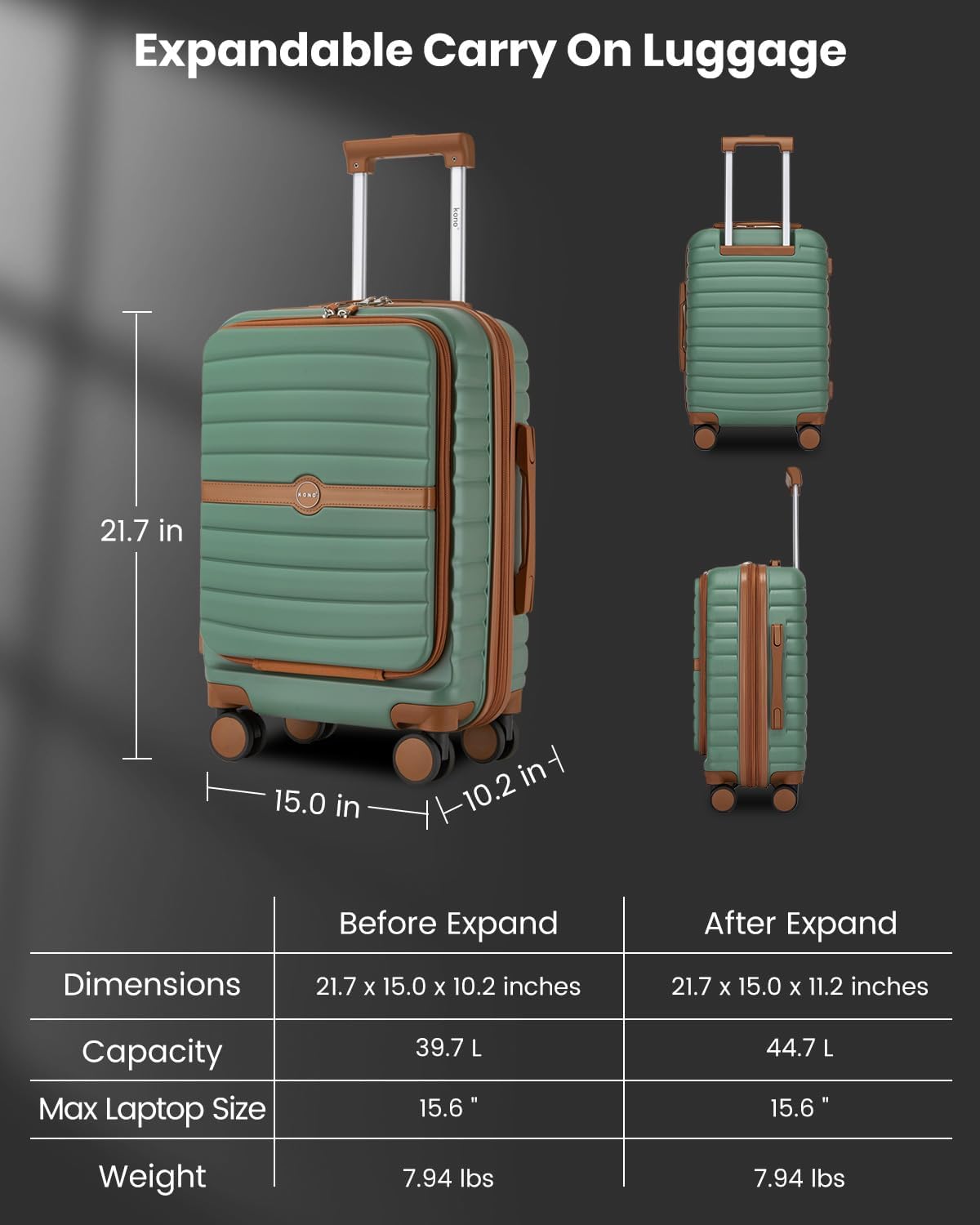 Expandable Carry On Luggage 22x14x9 Airline Approved with Spinner Wheels, 20 Inch Impact-Resistant PC+ABS Hardshell Rolling Suitcase Travel Luggage with Lock, White/Brown