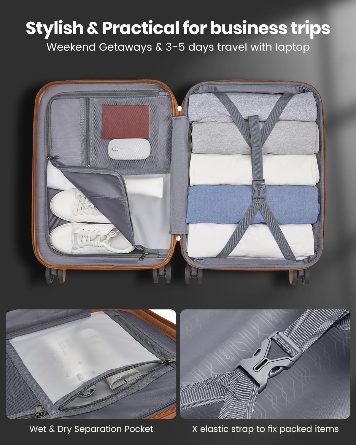 Expandable Carry On Luggage 22x14x9 Airline Approved with Spinner Wheels, 20 Inch Impact-Resistant PC+ABS Hardshell Rolling Suitcase Travel Luggage with Lock, White/Brown