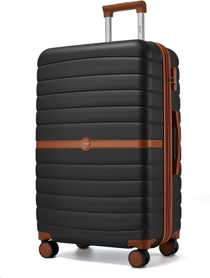 Expandable Carry On Luggage 22x14x9 Airline Approved with Spinner Wheels, 20 Inch Impact-Resistant PC+ABS Hardshell Rolling Suitcase Travel Luggage with Lock, White/Brown