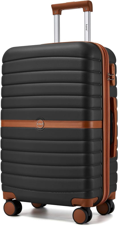 Expandable Carry On Luggage 22x14x9 Airline Approved with Spinner Wheels, 20 Inch Impact-Resistant PC+ABS Hardshell Rolling Suitcase Travel Luggage with Lock, White/Brown