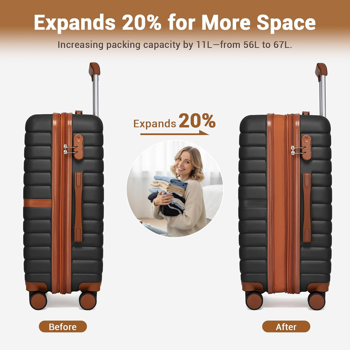 Expandable Carry On Luggage 22x14x9 Airline Approved with Spinner Wheels, 20 Inch Impact-Resistant PC+ABS Hardshell Rolling Suitcase Travel Luggage with Lock, White/Brown