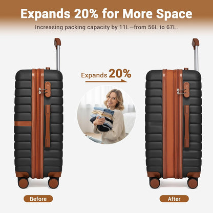 Expandable Carry On Luggage 22x14x9 Airline Approved with Spinner Wheels, 20 Inch Impact-Resistant PC+ABS Hardshell Rolling Suitcase Travel Luggage with Lock, White/Brown